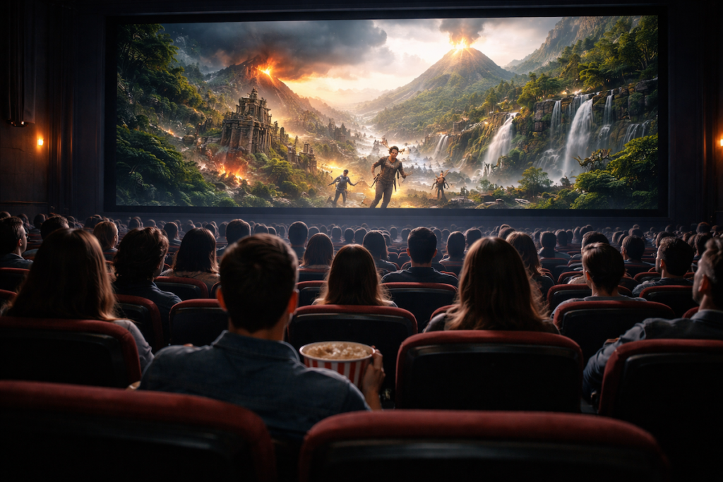 Audience watching a film on the big screen