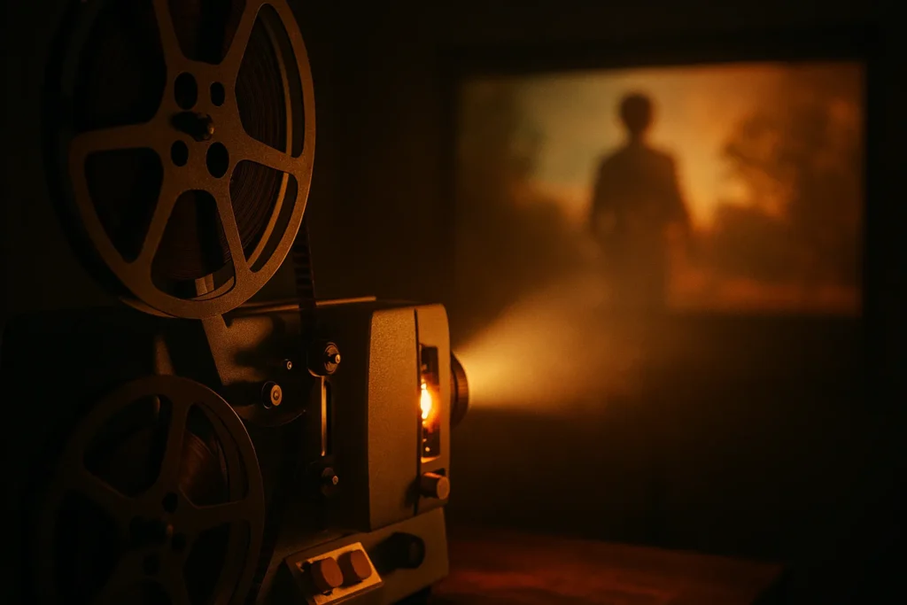 Vintage 35mm film projector casting warm light. 