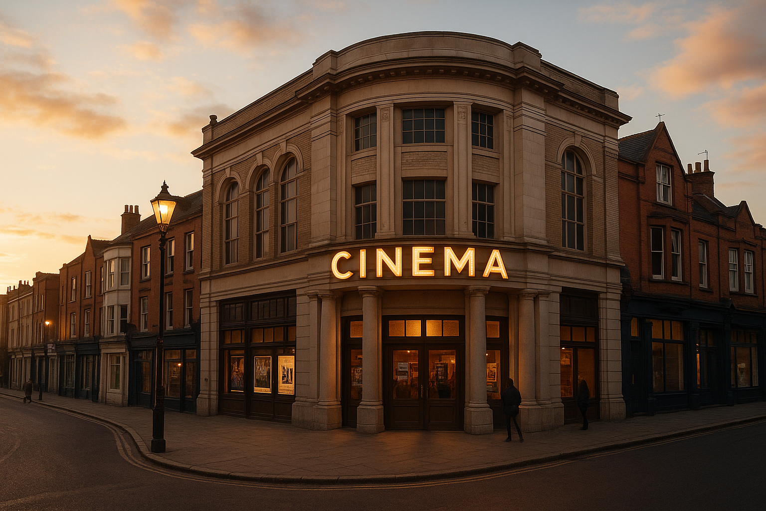 Vintage cinema glowing at sunset