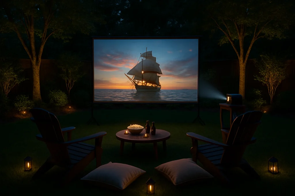 Outdoor movie projection with cozy seating
