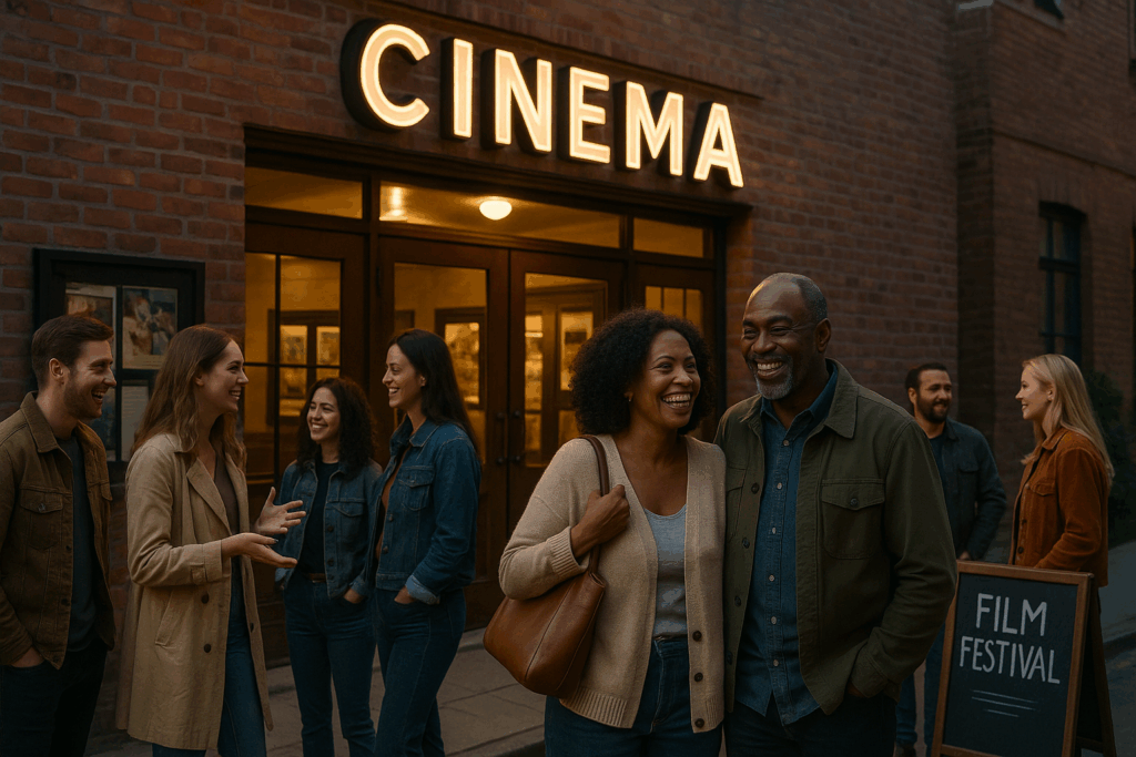 People gathering outside local cinema festival.
