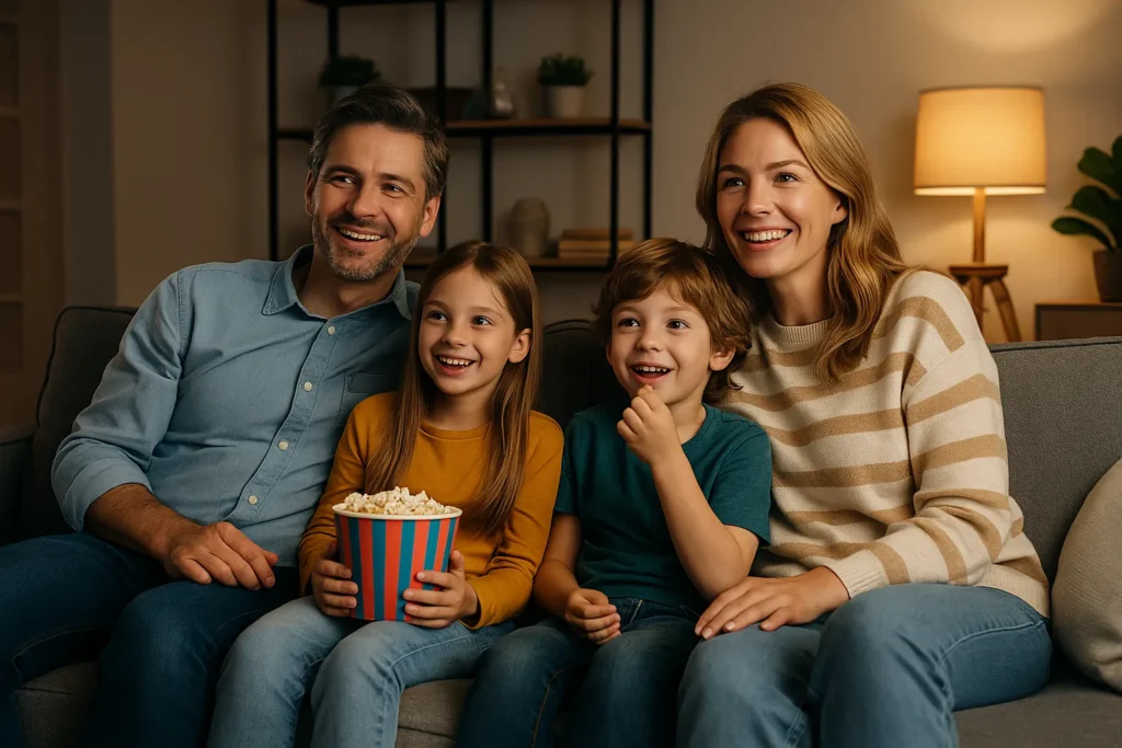 Family watching movie together in cozy living room
