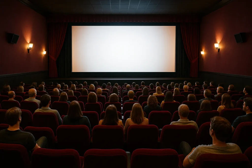 Audience seated in Bristol cinema watching movie screen