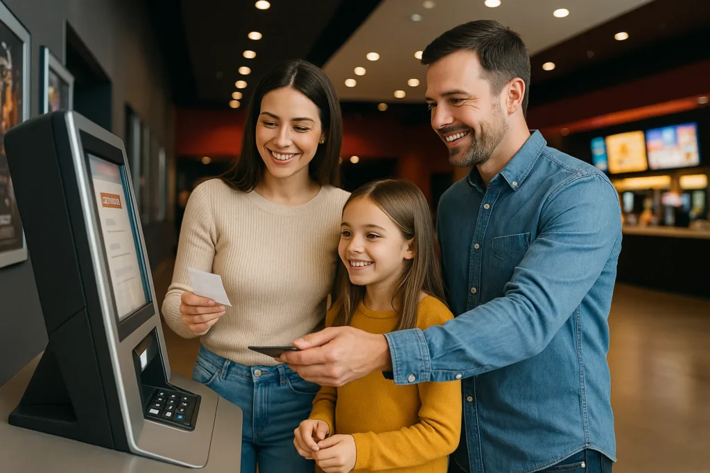 Family buying cinema tickets early at kiosk