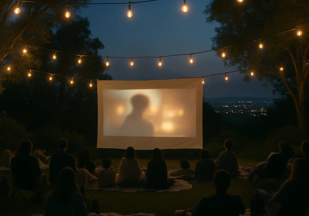 Outdoor garden cinema at dusk with a white projection screen glowing