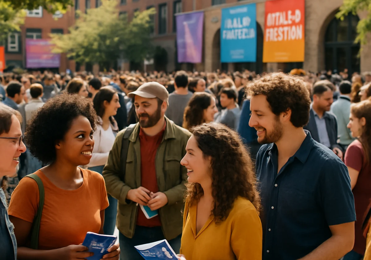 Vibrant outdoor plaza packed with film festival attendees